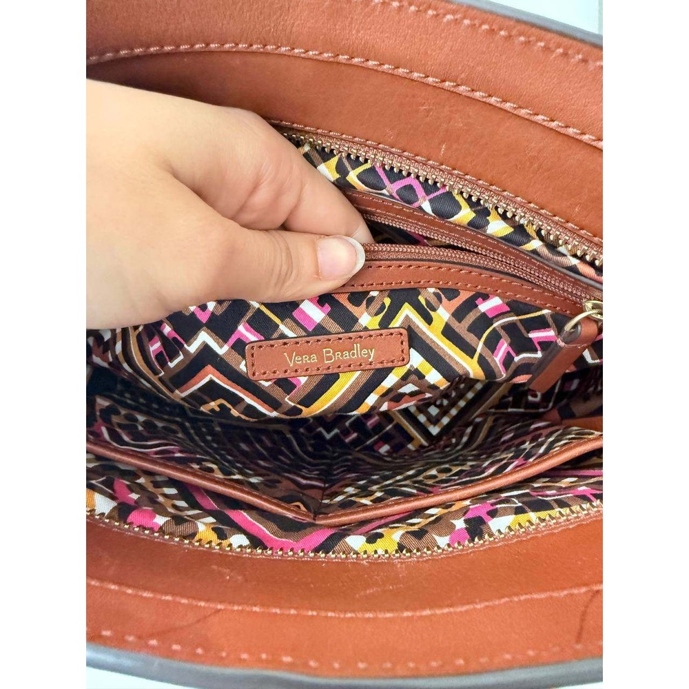 Vera Bradley Brown Leather Tote Bag Crossbody Strap Geometric Lining - Picture 6 of 10